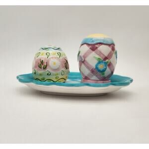 Vintage Handcrafted Lotus‎ Ceramic Floral Salt&Pepper Shakers Tray Spring Easter
